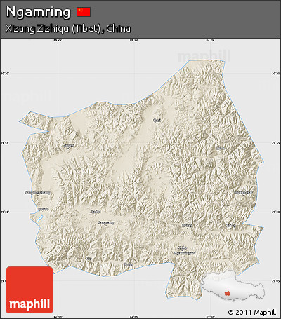 Shaded Relief Map of Ngamring, single color outside