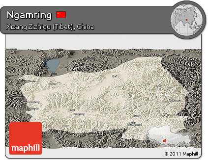 Shaded Relief Panoramic Map of Ngamring, darken