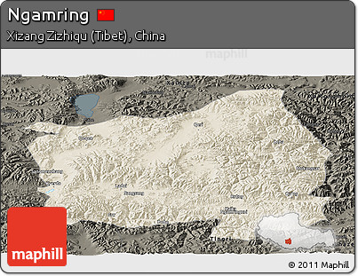 Shaded Relief Panoramic Map of Ngamring, darken