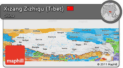 Physical Panoramic Map of Xizang Zizhiqu (Tibet), political shades outside