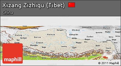 Shaded Relief Panoramic Map of Xizang Zizhiqu (Tibet), physical outside