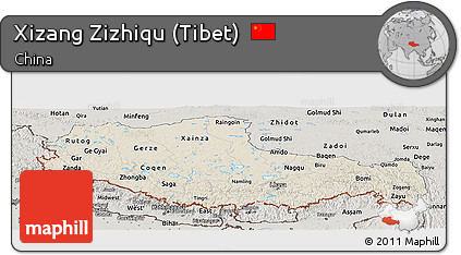 Shaded Relief Panoramic Map of Xizang Zizhiqu (Tibet), semi-desaturated