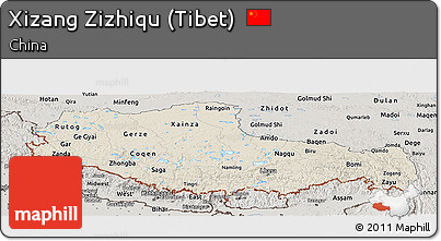 Shaded Relief Panoramic Map of Xizang Zizhiqu (Tibet), semi-desaturated