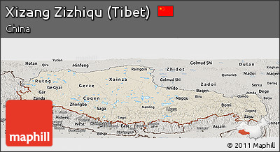 Shaded Relief Panoramic Map of Xizang Zizhiqu (Tibet), semi-desaturated