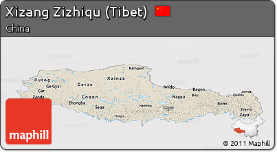 Shaded Relief Panoramic Map of Xizang Zizhiqu (Tibet), single color outside