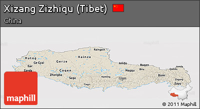 Shaded Relief Panoramic Map of Xizang Zizhiqu (Tibet), single color outside