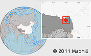 Gray Location Map of Qamdo, highlighted country, highlighted parent region, hill shading