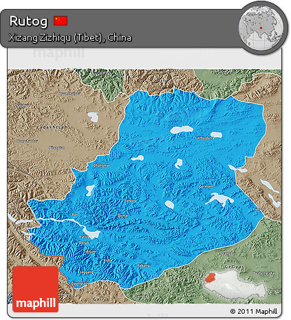 Political 3D Map of Rutog, semi-desaturated