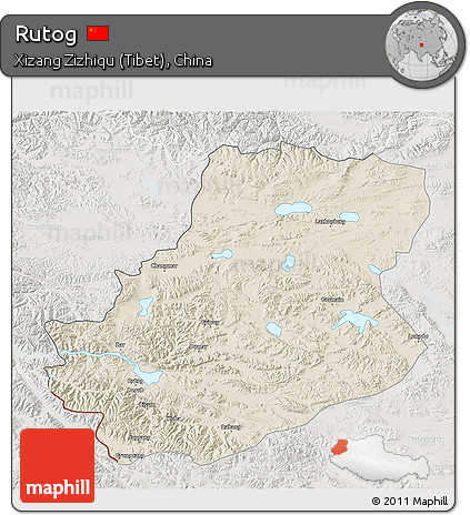 Shaded Relief 3D Map of Rutog, lighten, semi-desaturated