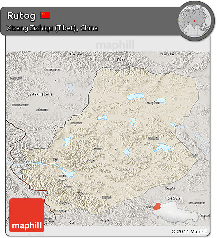 Shaded Relief 3D Map of Rutog, semi-desaturated