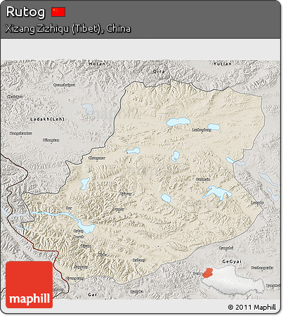 Shaded Relief 3D Map of Rutog, semi-desaturated