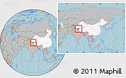 Gray Location Map of Rutog, highlighted country, within the entire country, hill shading