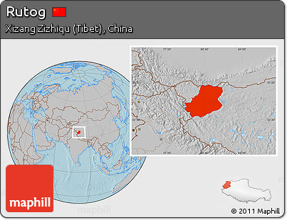 Gray Location Map of Rutog, hill shading