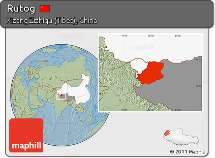 Savanna Style Location Map of Rutog, highlighted country, highlighted parent region, hill shading