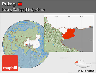 Savanna Style Location Map of Rutog, highlighted country, highlighted parent region, hill shading