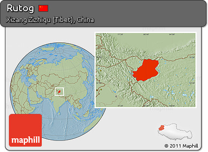 Savanna Style Location Map of Rutog, hill shading
