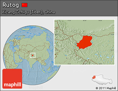 Savanna Style Location Map of Rutog, hill shading