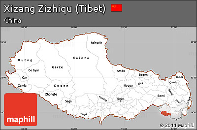 Gray Simple Map of Xizang Zizhiqu (Tibet), cropped outside