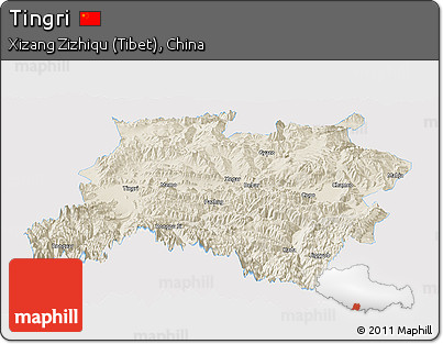 Shaded Relief Panoramic Map of Tingri, single color outside