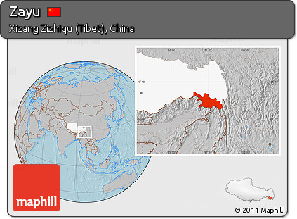 Gray Location Map of Zayu, highlighted parent region, hill shading