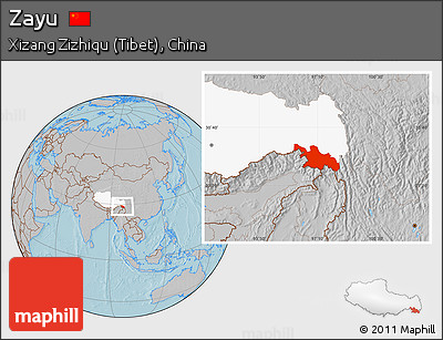 Gray Location Map of Zayu, highlighted parent region, hill shading