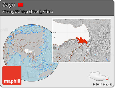 Gray Location Map of Zayu, highlighted parent region, hill shading