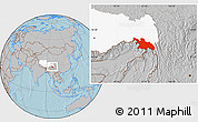 Gray Location Map of Zayu, highlighted parent region, hill shading