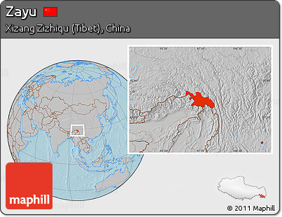 Gray Location Map of Zayu, hill shading