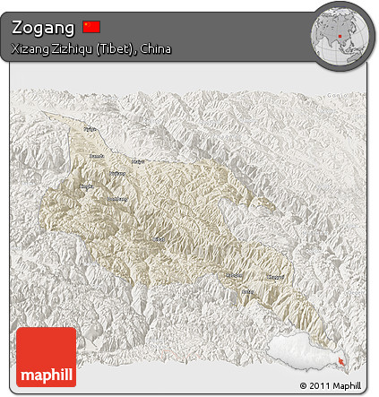 Shaded Relief Panoramic Map of Zogang, lighten