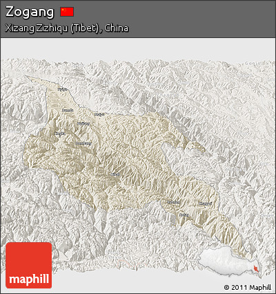 Shaded Relief Panoramic Map of Zogang, lighten