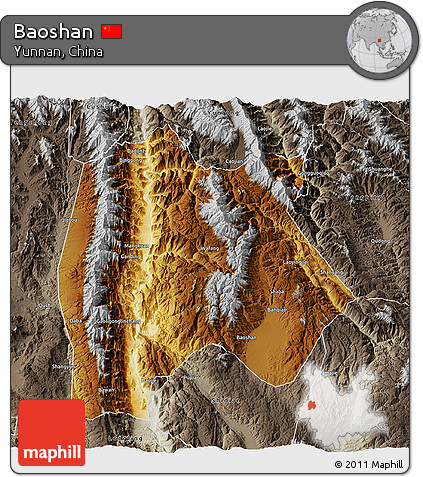 Physical 3D Map of Baoshan, semi-desaturated