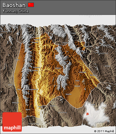 Physical 3D Map of Baoshan, semi-desaturated