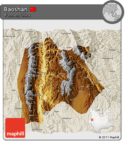 Physical 3D Map of Baoshan, shaded relief outside