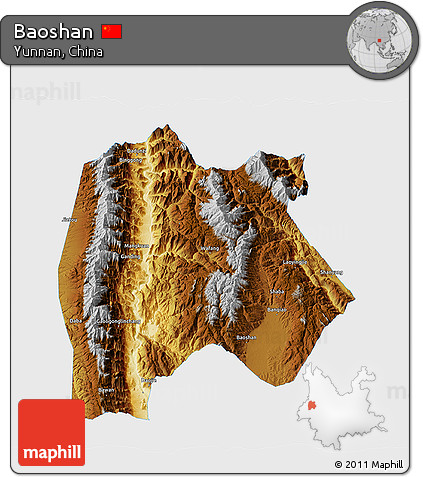 Physical 3D Map of Baoshan, single color outside
