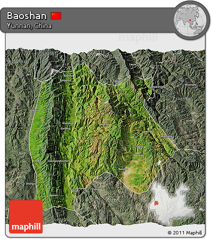 Satellite 3D Map of Baoshan, semi-desaturated