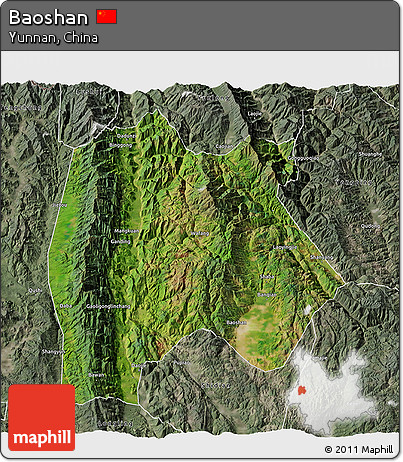 Satellite 3D Map of Baoshan, semi-desaturated
