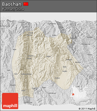 Shaded Relief 3D Map of Baoshan, desaturated