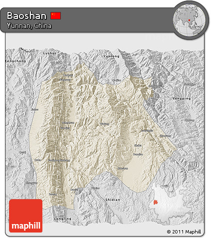 Shaded Relief 3D Map of Baoshan, desaturated