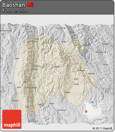 Shaded Relief 3D Map of Baoshan, desaturated