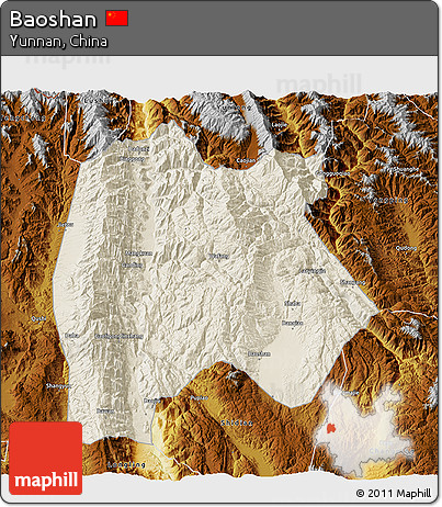 Shaded Relief 3D Map of Baoshan, physical outside