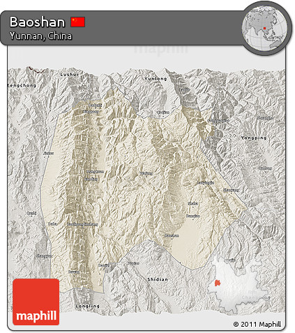 Shaded Relief 3D Map of Baoshan, semi-desaturated