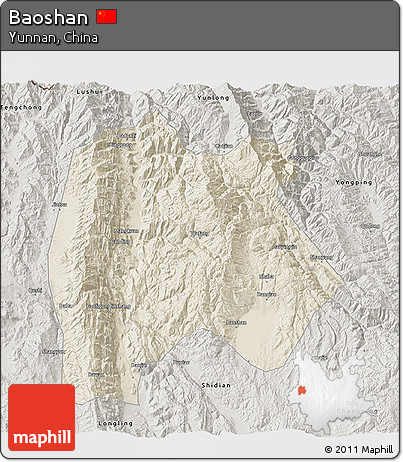 Shaded Relief 3D Map of Baoshan, semi-desaturated