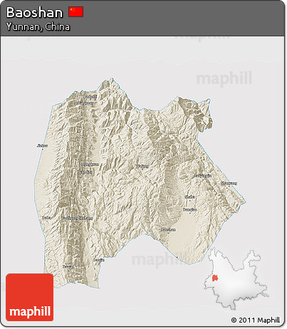 Shaded Relief 3D Map of Baoshan, single color outside