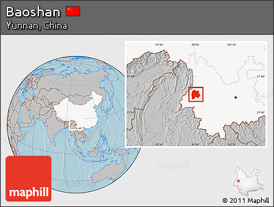 Gray Location Map of Baoshan, highlighted country, hill shading
