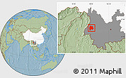 Savanna Style Location Map of Baoshan, highlighted country, highlighted parent region, hill shading