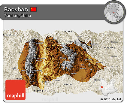 Physical Panoramic Map of Baoshan, shaded relief outside