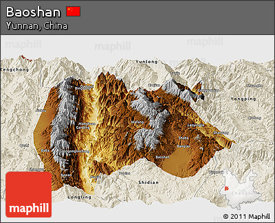 Physical Panoramic Map of Baoshan, shaded relief outside