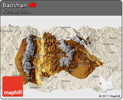 Physical Panoramic Map of Baoshan, shaded relief outside