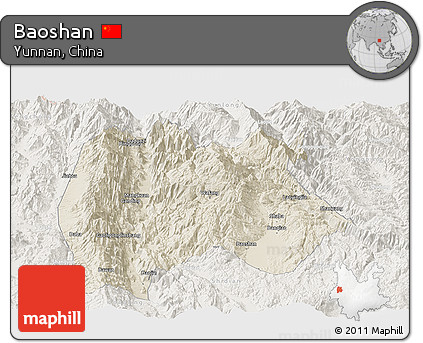Shaded Relief Panoramic Map of Baoshan, lighten