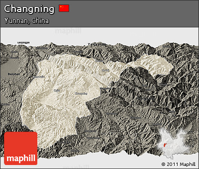 Shaded Relief Panoramic Map of Changning, darken